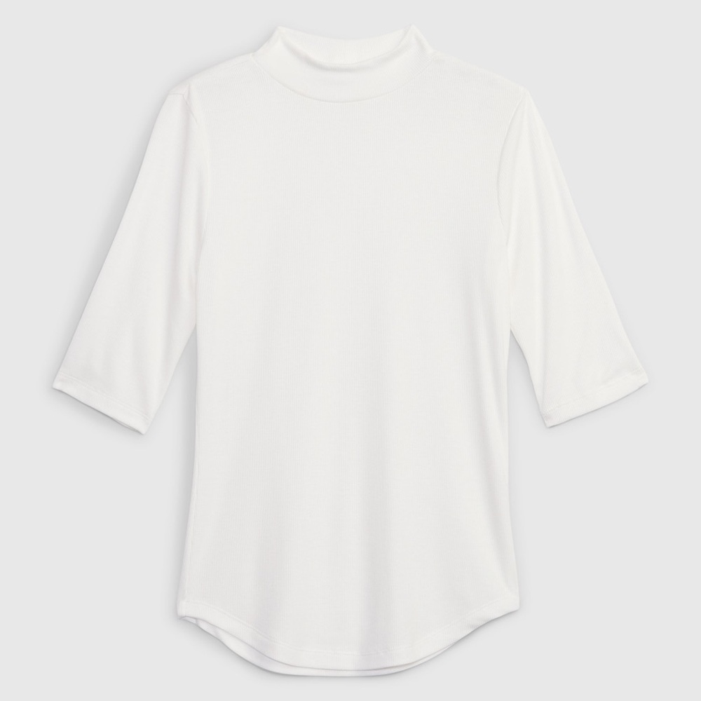 Gap Rib T Womens Medium White Mock Neck Elbow Sleeve Ribbed Knit Top Modal Blend